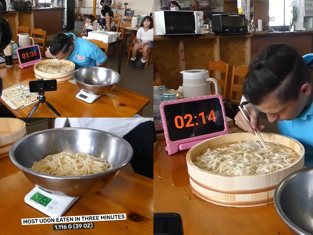 Pria asal Amerika Serikat berhasil pecahkan rekor makan udon. (Photo/YouTube/Guinness World Record)