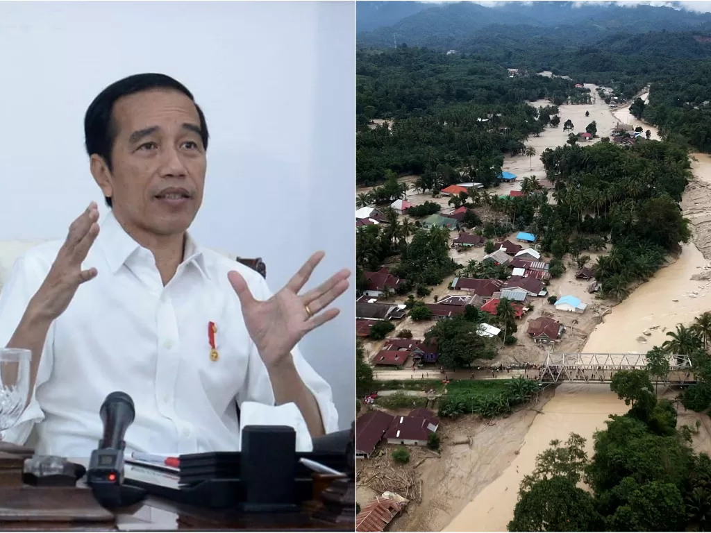 Kiri: Presiden Jokowi. (Instagram/@jokowi). Kanan: Foto udara kondisi perkampungan tertimbun lumpur akibat terjangan banjir bandang di Desa Radda, Kabupaten Luwu Utara, Sulawesi Selatan. (ANTARA FOTO/Moullies/ABHE)