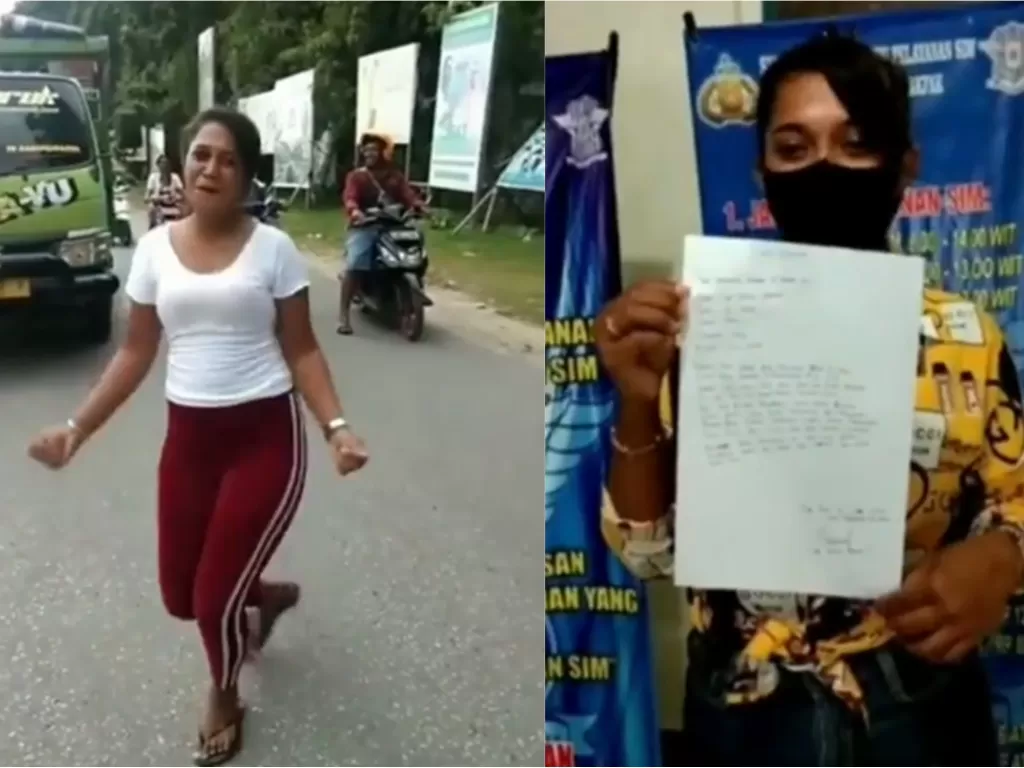 Kiri: Seorang wanita asyik berjoget meski diklakson / Kanan: Permintaan maaf usai diamankan polisi (Istimewa)