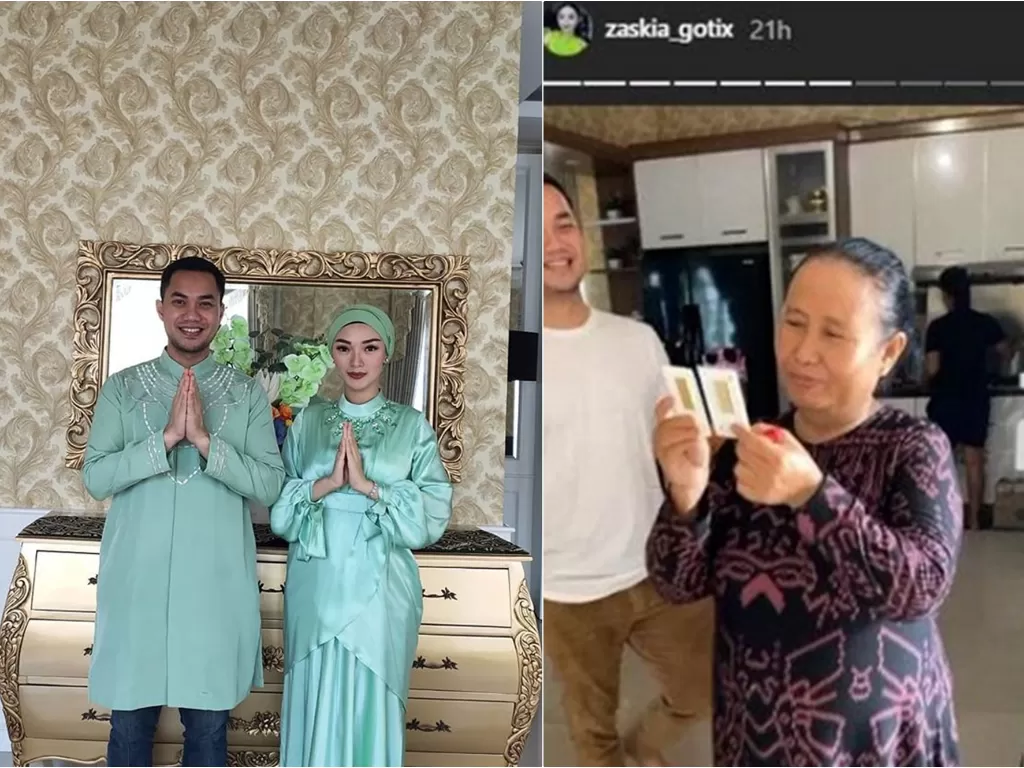 Kiri: Zaskia Gotik dan Sirajuddin Mahmud. (instagram/@sirajuddinmahmudsabang). Kanan: Ibunda Zaskia Gotik saat menerima kado emas batangan dari Sirajuddin Mahmud. (instagram/@zaskia_gotix)