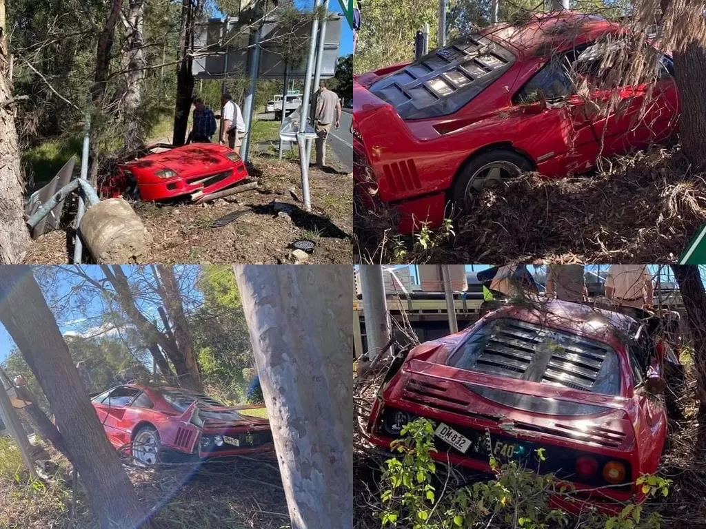 Tampilan Ferrari F40 hancur ringsek usai menabrak pohon dan tiang saat tes drive. (Instagram/@essex_modified_cruizers)