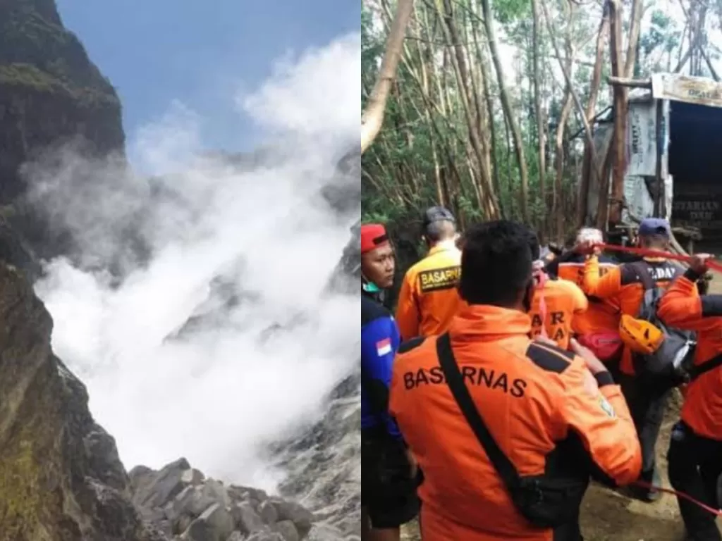 Proses evakuasi pendaki yang jatuh ke kawah Gunung Lawu. 