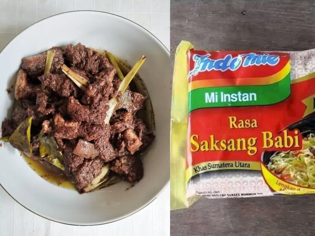 Saksang babi (kiri/Instagram/@borukaro) dan foto editan Indomie rasa saksang babi (kanan/Istimewa). 