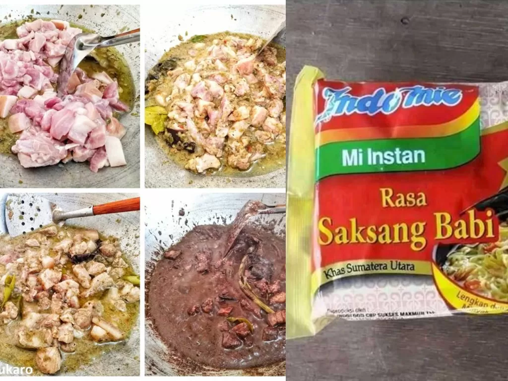 Proses memasak saksang khas Batak (kiri: Instagram/@borukaro) dan foto Indomie rasa saksang babi (kanan).