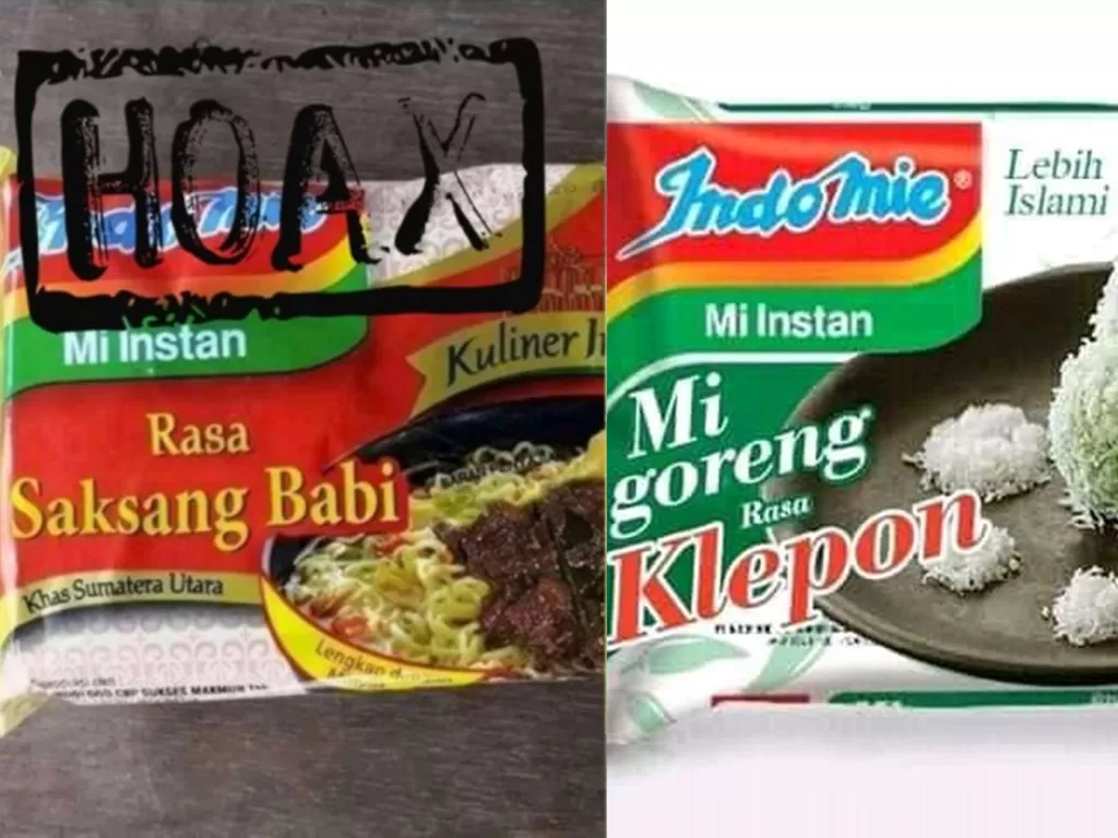 Foto editan (hoaks) Indomie rasa saksang babi dan Indomie goreng rasa klepon. (Foto: Istimewa)