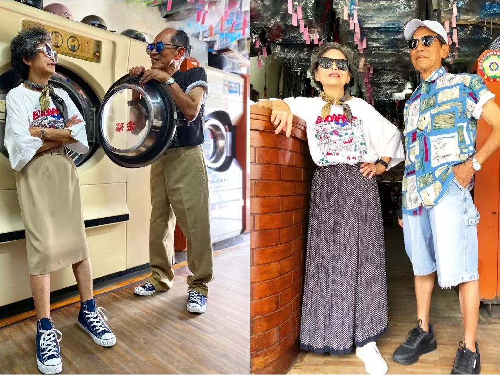 Pasangan lansia yang asyik pemotretan pakai baju laundry. (Instagram/@wantshowasyoung)