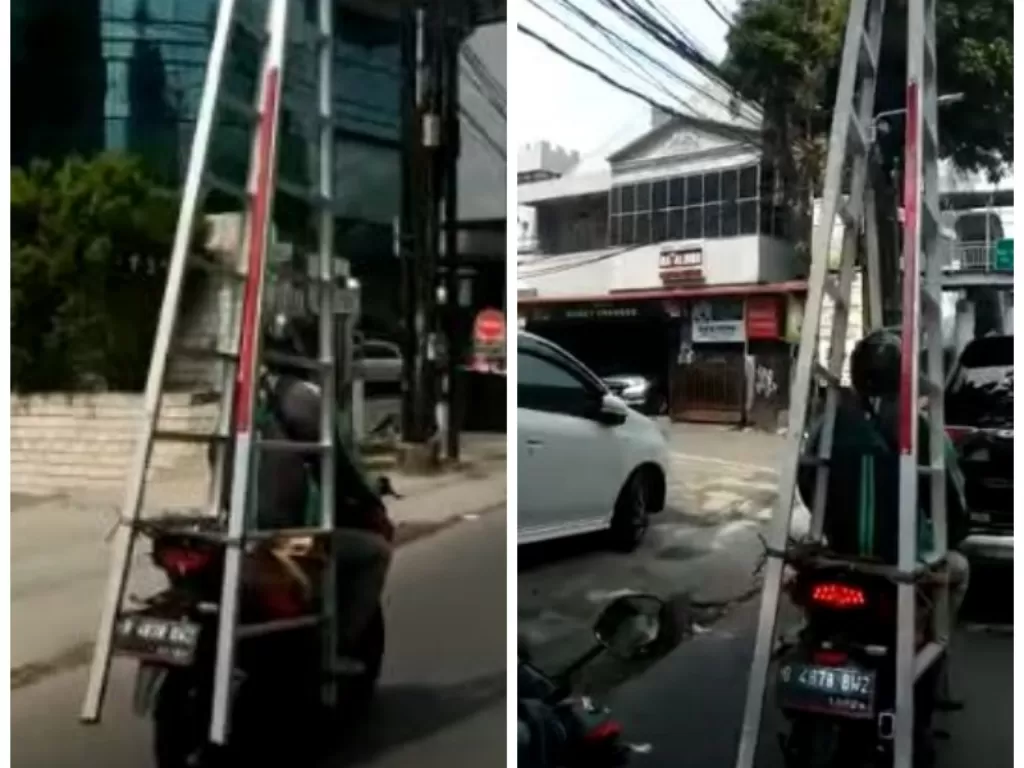 Driver ojol bawa tangga tinggi naik motor. (Facebook/Adiansyah Fhetra)