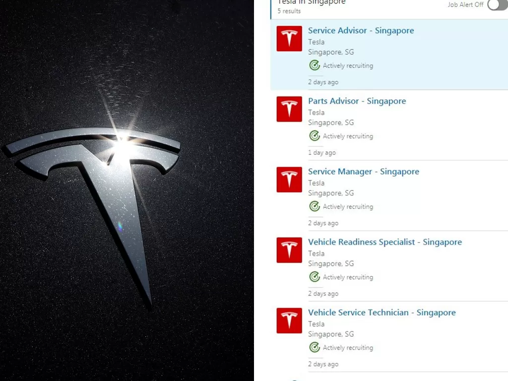 Logo pabrikan Tesla (kiri) dan tampilan lowongan kerja milik Tesla (kanan). (photo/REUTERS/Lucy Nicholson/SS/LinkedIn)