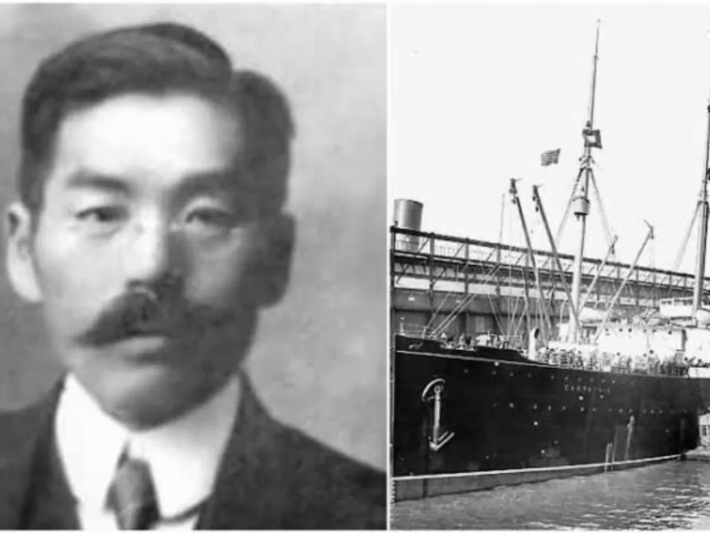 Kiri: Sosok Masabumi Hosono. Kanan: Kapal Titanic. (Twitter/@Alkupra)