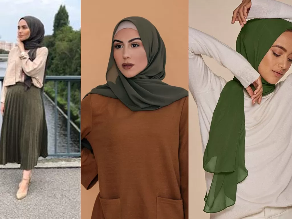 OOTD pakai hijab hijau army (Pinterest/Haute Hijab)