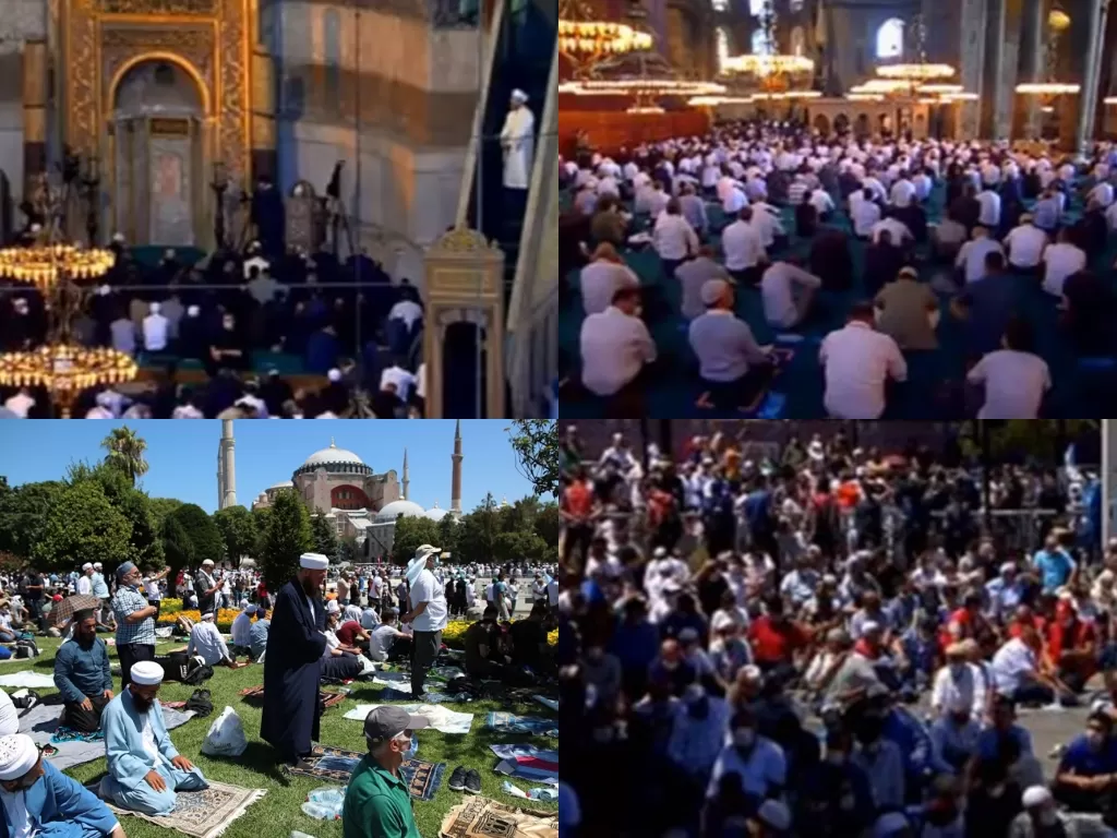 Jemaah Salat Jumat perdana di Masjid Agung Hagia Sophia Tukri, Jumat (24/7/2020).