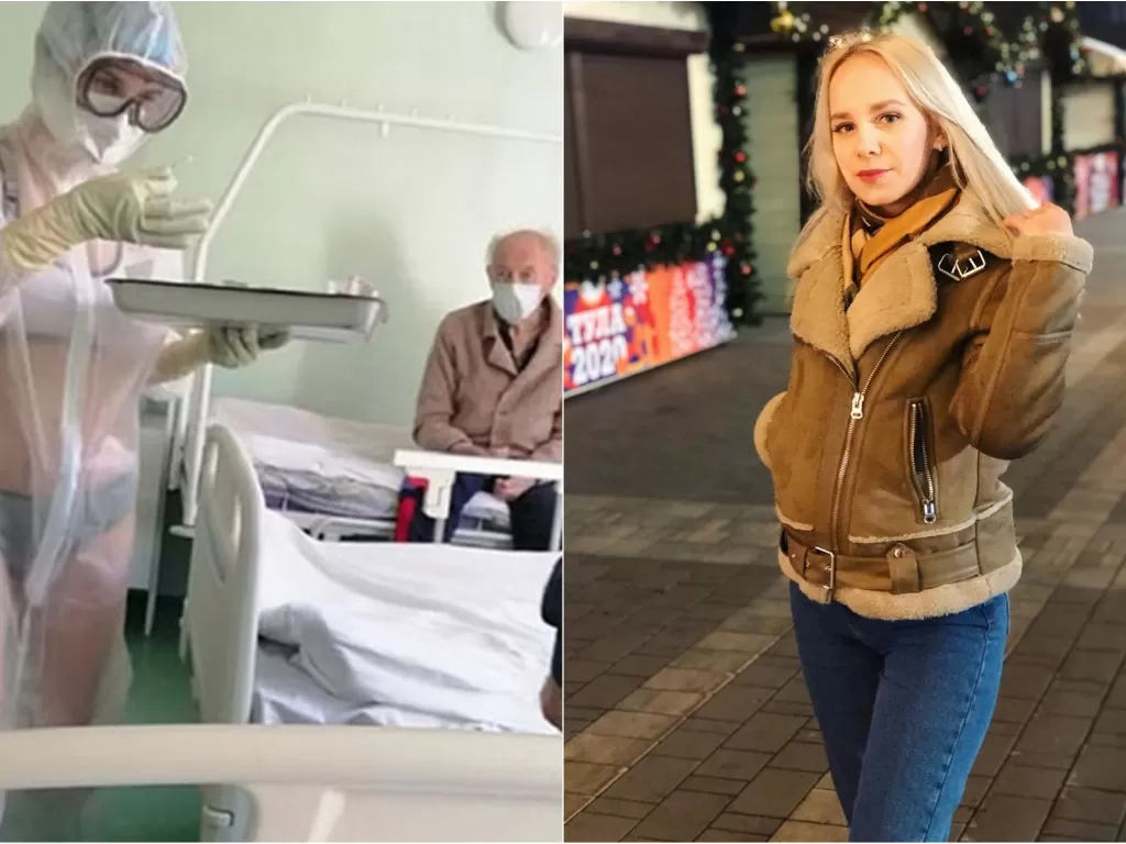 Kiri: Perawat Nadia Saat pakai bikini dibalik APD-nya. (Tulskie Novosti) /  Kanan: Nadia saat jadi model. (instagram/@nadinzhuk)