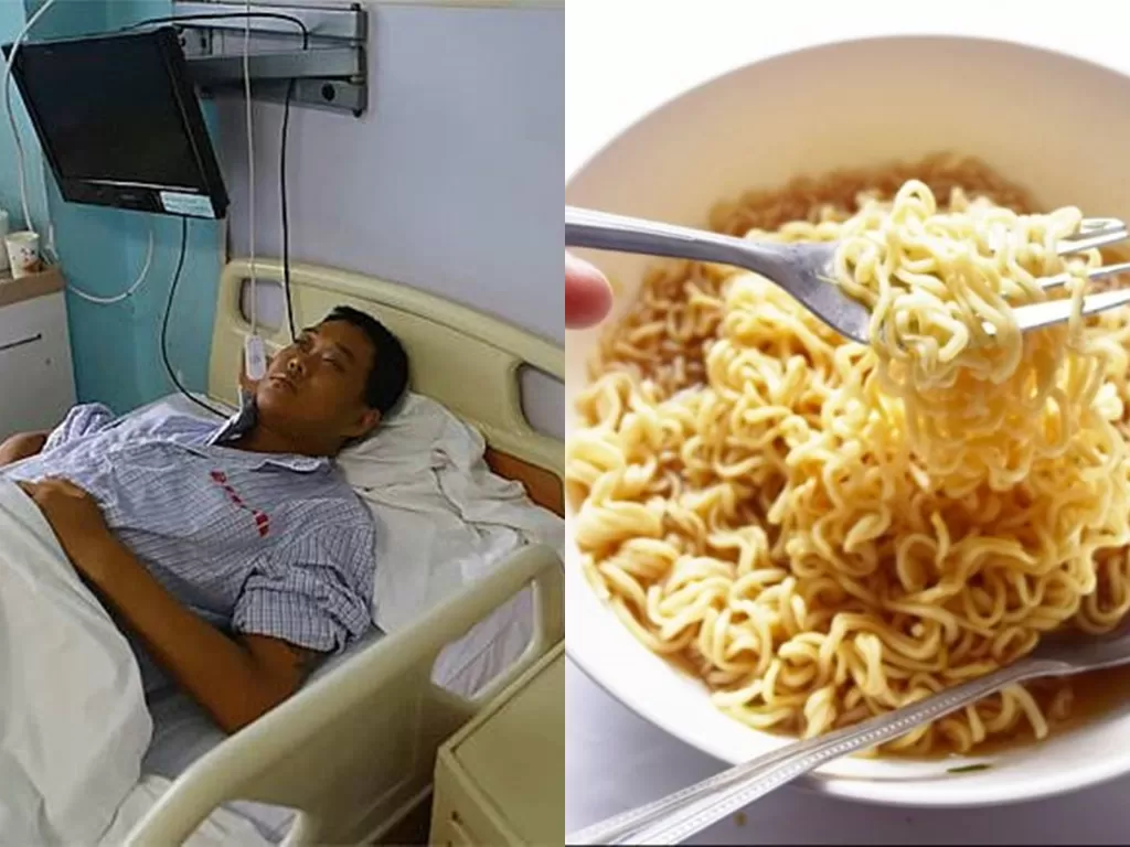 Pria yang menderita 16 penyakit karena makan mie instan. (Feedyt) / Ilustrasi mie instan. (Hello Sehat)