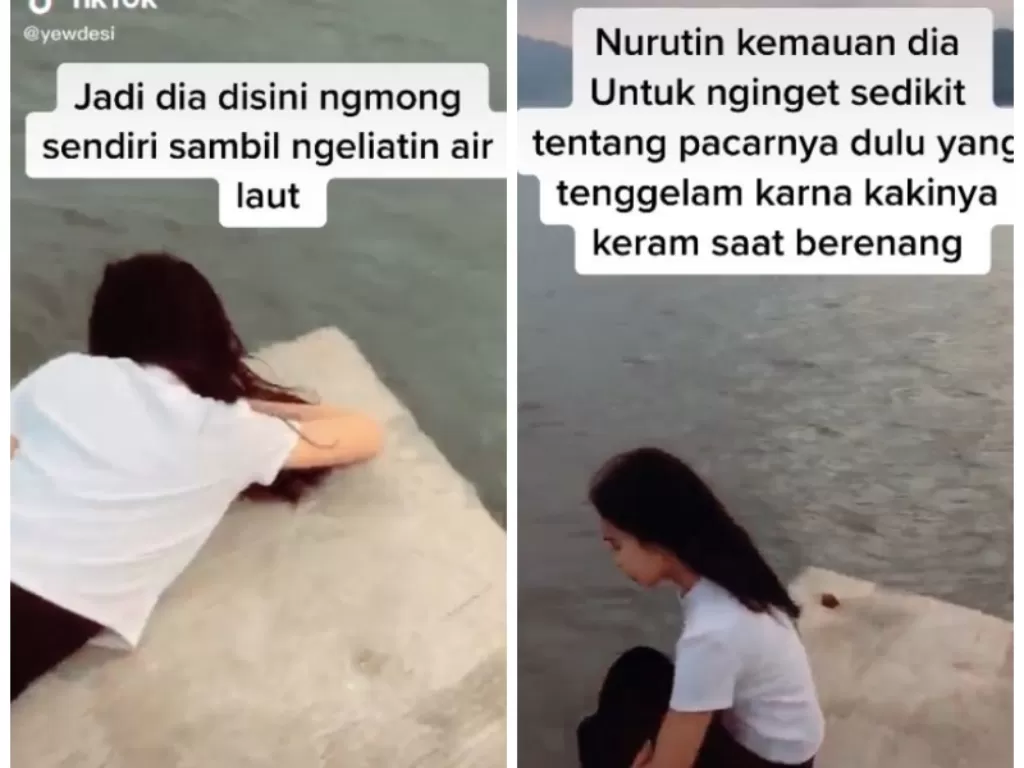 Ditinggal kekasih karena tenggelam, Wanita ini sedih hingga bicara sambil liat air laut. (TikTok/@yedesi)