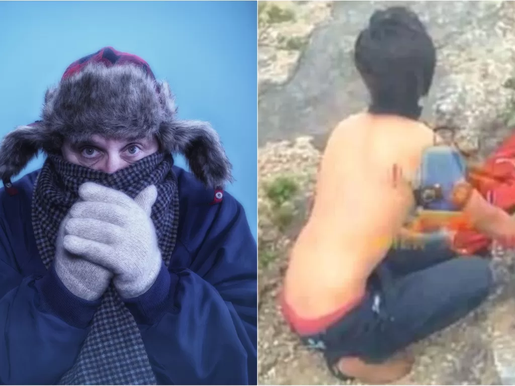 Kiri: Ilustrasi orang mengalami hipotermia. (NetDoctor). Kanan: Kondisi Andi saat ditemukan pendaki Ungaran. (Twitter/@akundagelan)
