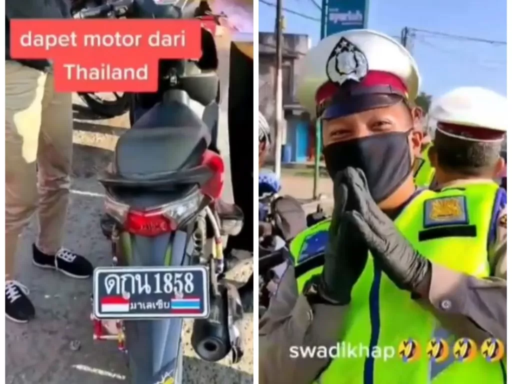 Pemuda kena tilang saat Operasi Patuh 2020 karena pakai plat nomor Thailand. (Instagram/@info_tetangga)