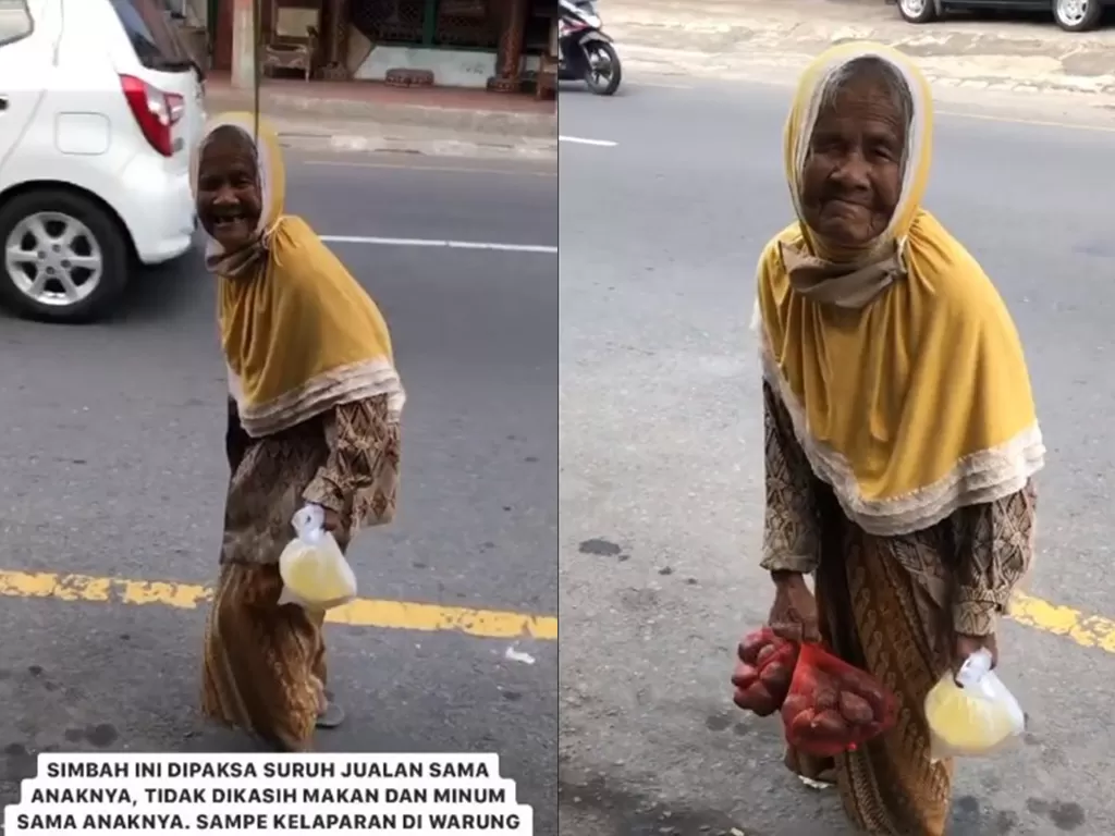 Mbah Sudi (80) diduga dipaksa berjualan salak keliling jalan kaki oleh anaknya. (Foto: Istimewa)
