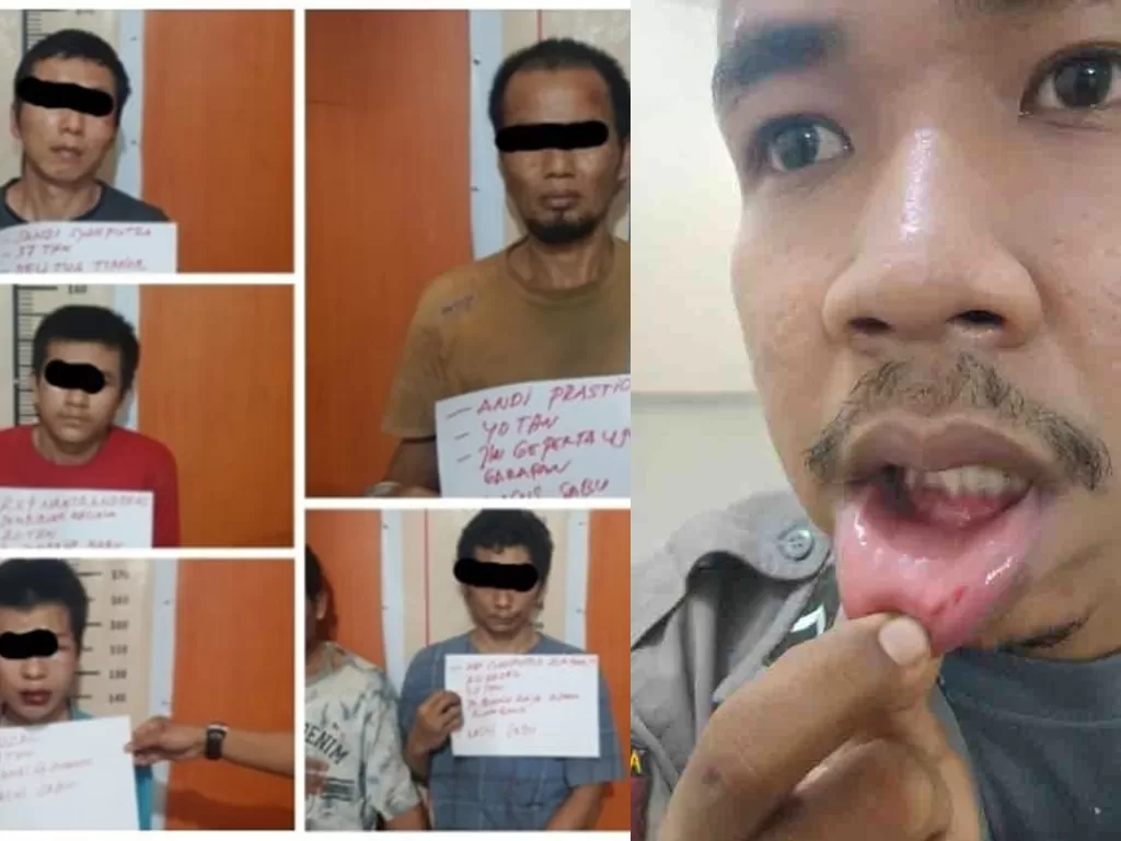 Sejumlah tahanan Polsek Patumbak Medan yang mencoba melarikan diri (kiri) serta oknum polisi yang dikeroyok (kanan).