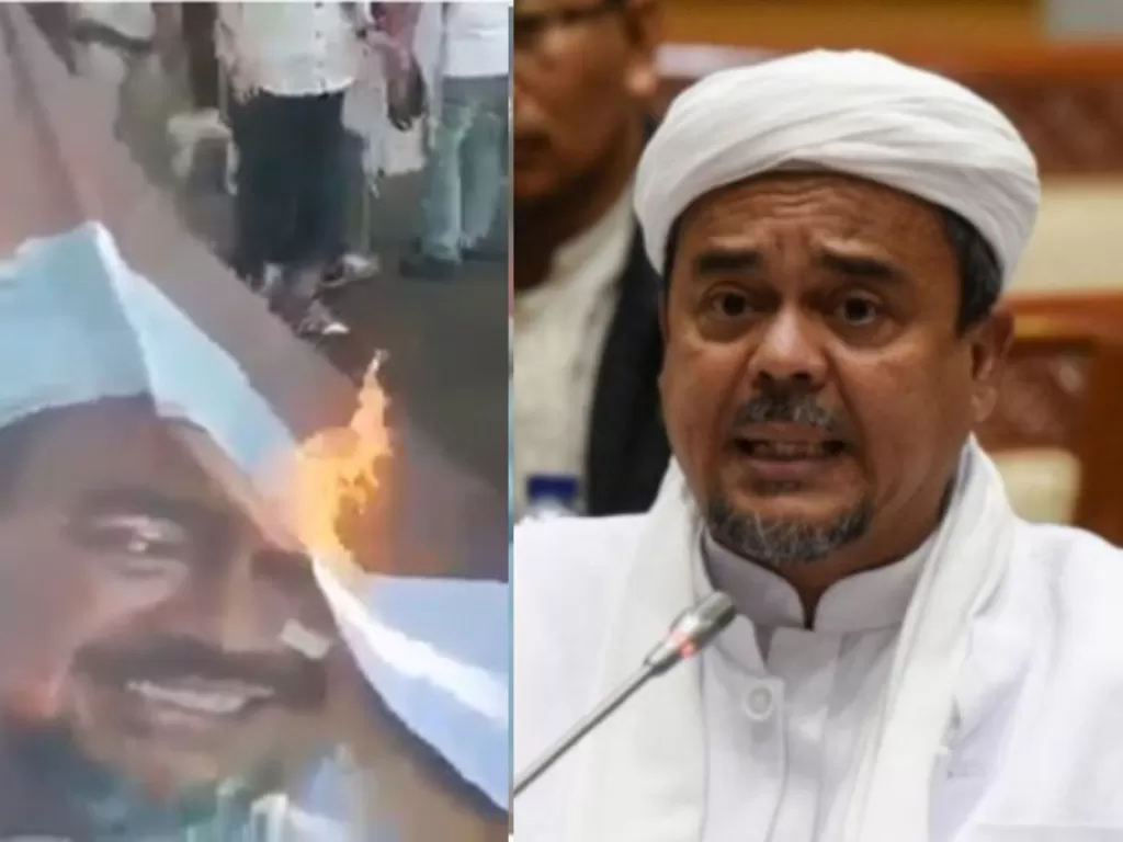 Poster yang dibakar (kiri), pimpinan Front Pembela Islam (FPI), Habib Rizieq Shihab (kanan). (ANTARA)