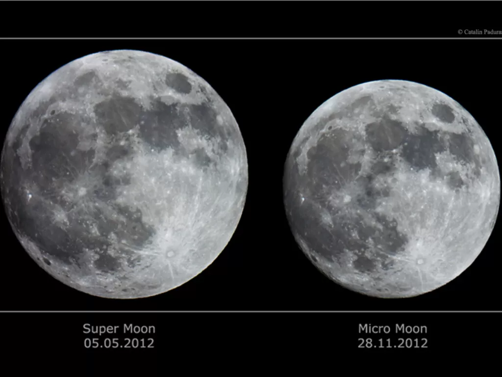 Ilustrasi ukuran bulan saat supermoon dan micromoon. (apod.nasa.gov)