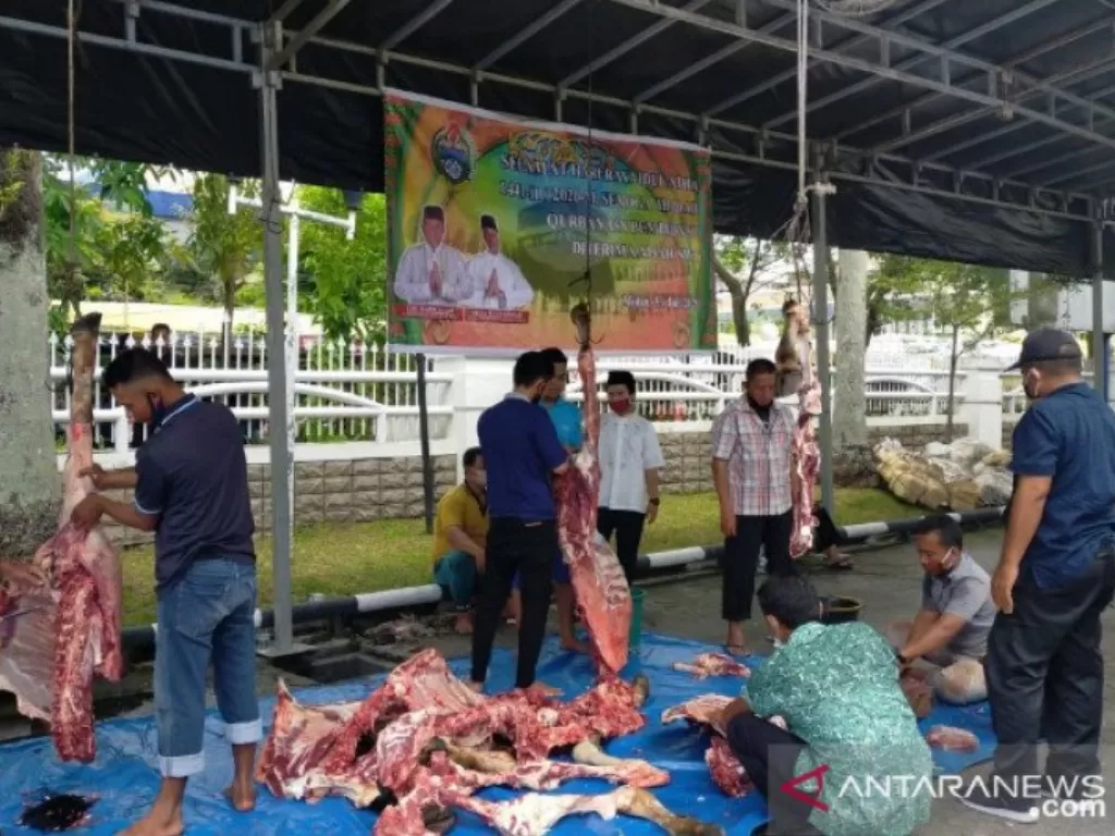 Suasana pemotongan daging hewan kurban di Kantor Gubernur Sumatera Utara di Kota Medan, Jumat (31/7/2020). (ANTARA/Nur Aprilliana Br Sitorus)