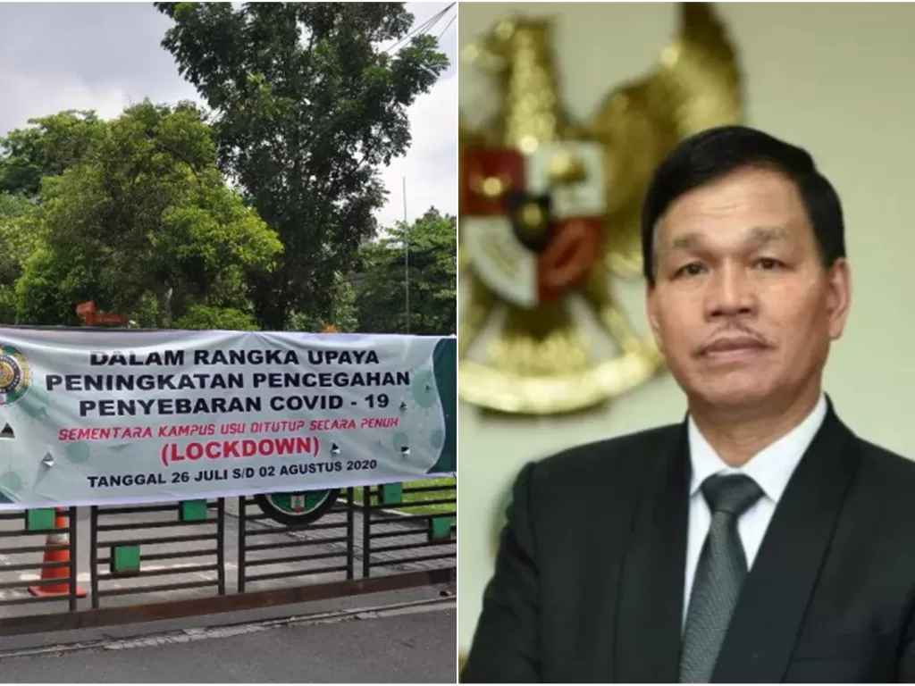 Spanduk lockdown USU (Antara/Septianda Perdana) dan Rektor USU Runtung Sitepu (Antara)