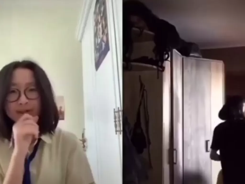 Cuplikan video TikTok pelajar saat beresin kamar ada kuntilanak di atas lemari. (Foto: Ist)