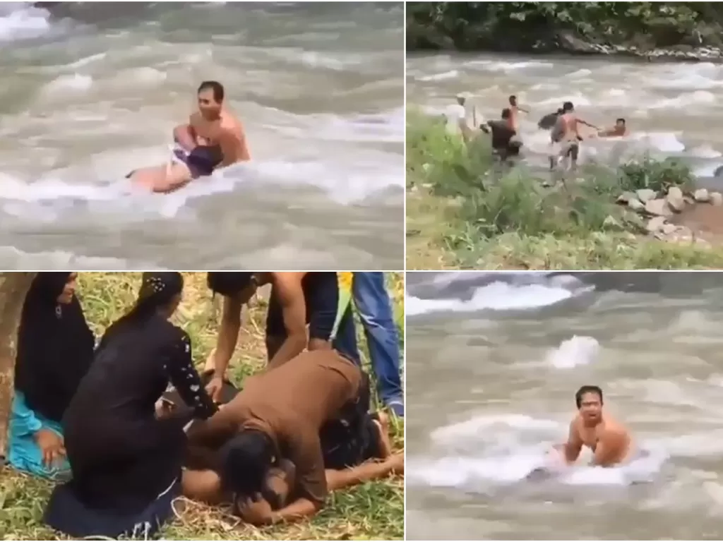 Cuplikan video seorang remaja hanyut di sungai saat rekreasi dengan keluarga.