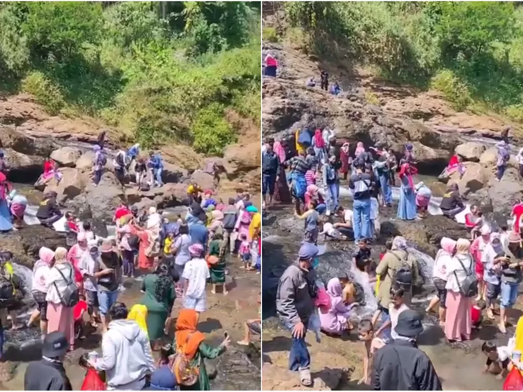 Kerumunan pengunjung Curug Cikondang di Cianjur, Jawa Barat, Minggu (2/8/2020). (Foto: Istimewa)