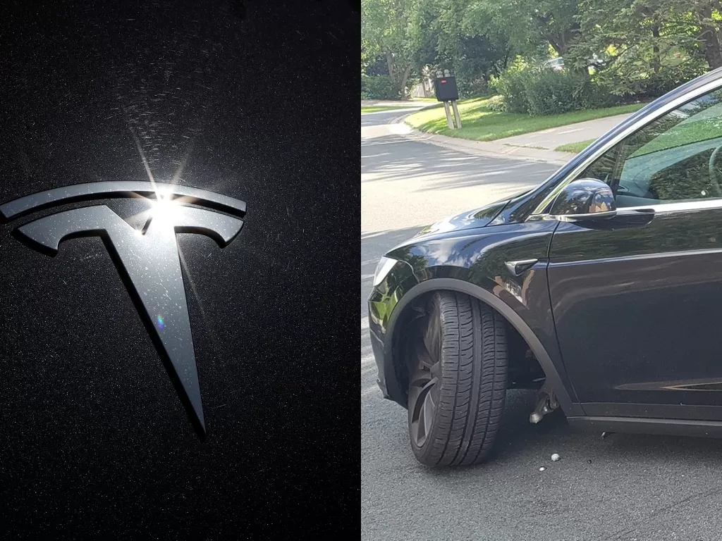 Logo pabrikan Tesla (kiri) dan roda depan Tesla Model X yang lepas (kanan). (REUTERS/Lucy Nicholson/Twitter/@Beastlyorion)