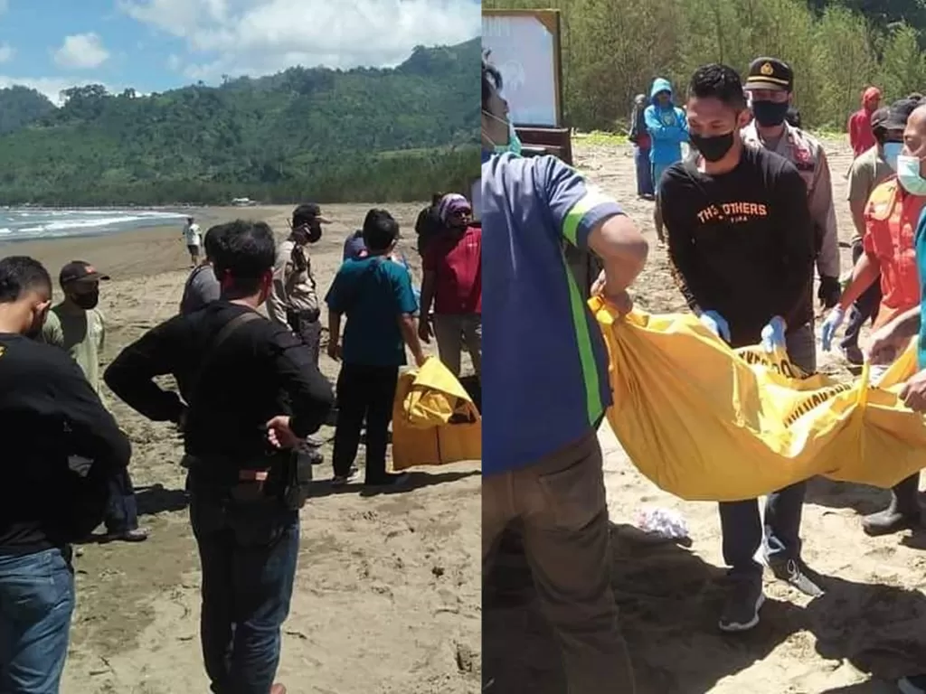 Mayat tanpa kepala yang ditemukan pemancing dievakuasi oleh polisi di Tulungagung. (Ist)