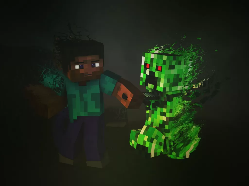 Ilustrasi karakter Steve bertemu dengan Creeper di Minecraft (photo/Walllup.net)