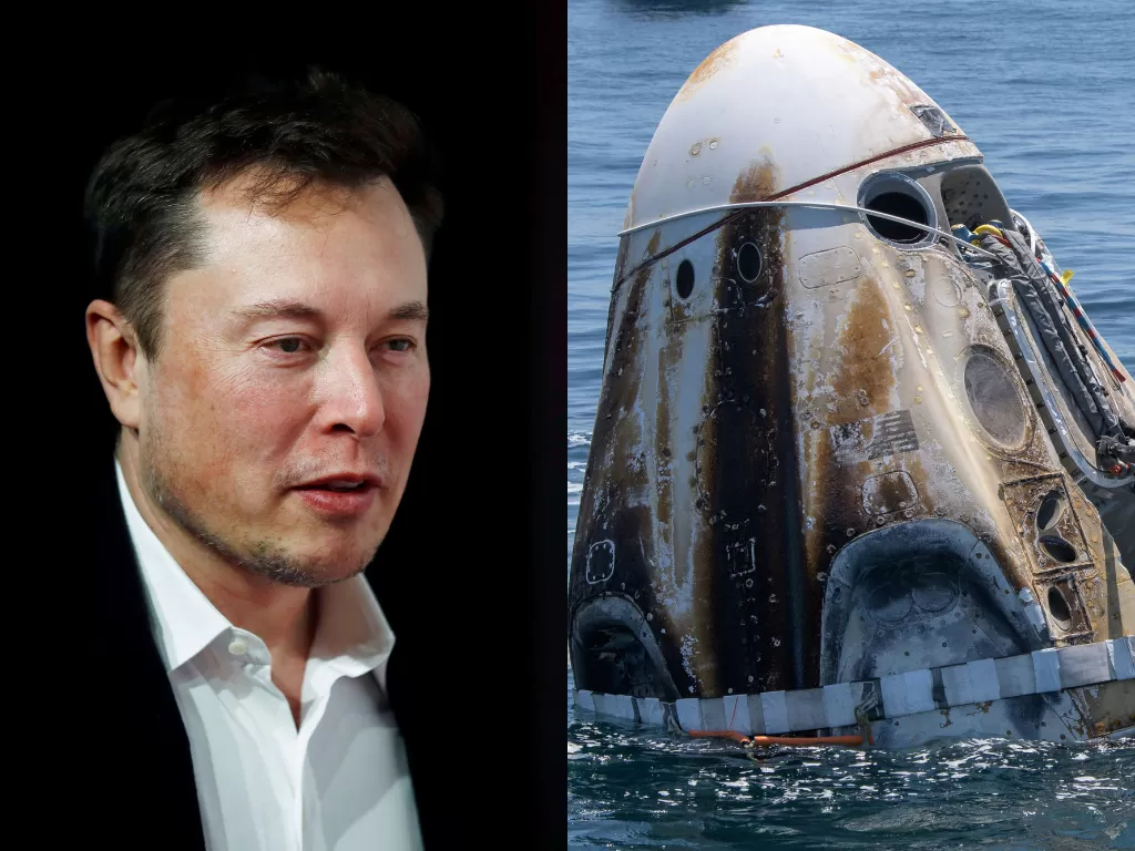 Kiri: CEO SpaceX, Elon Musk, Kanan: Kapsul Crew Dragon (photo/REUTERS/Hannibal Hanschke/NASA)