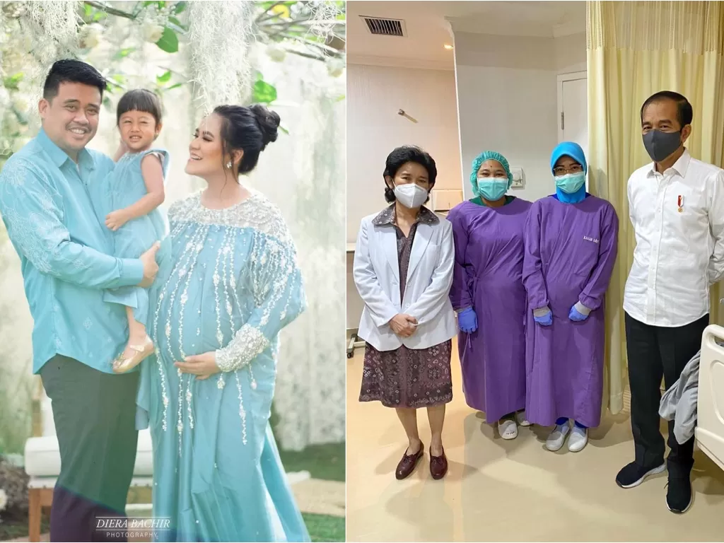 Kiri: Keluarga Kahiyang Ayu dan Bobby Nasution bersama dengan putrinya. (Instagram/@_ayanggkahiyang_). Kanan: Presiden Jokowi bersama dengan dokter yang menangani persalinan Kahiyang Ayu.  (Instagram/@drrina.id)