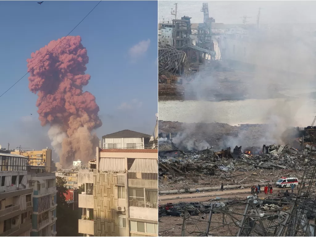 Kiri: Penampakan asap warna merah saat ledakan. (Talal Traboulsi/via REUTERS0. Kanan: Kondis setelah ledakan meluluhlantakan area Beirut. (REUTERS/Aziz Taher)