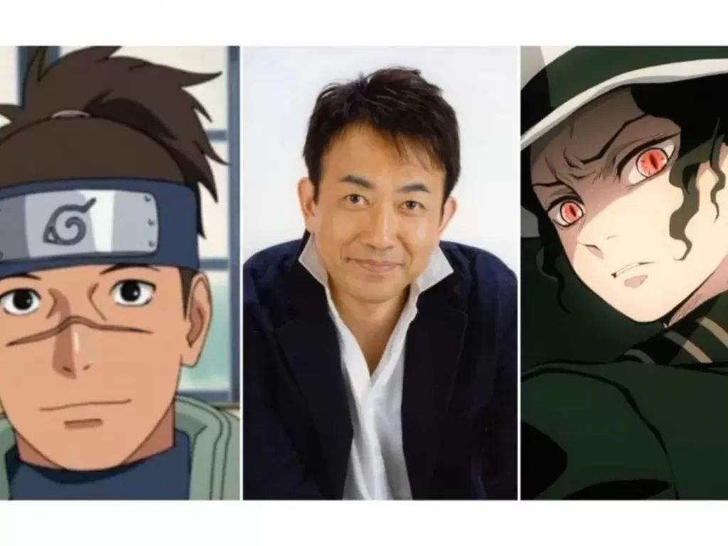(Kiri) Toshihiko Seki dan dua karakter terkenal yang ia suarakan, Iruka Umino di Naruto / (Kanan) Muzan Kibutsuji dalam Demon Slayer: Kimetsu no Yaiba. (81 Produce, Crunchyroll)