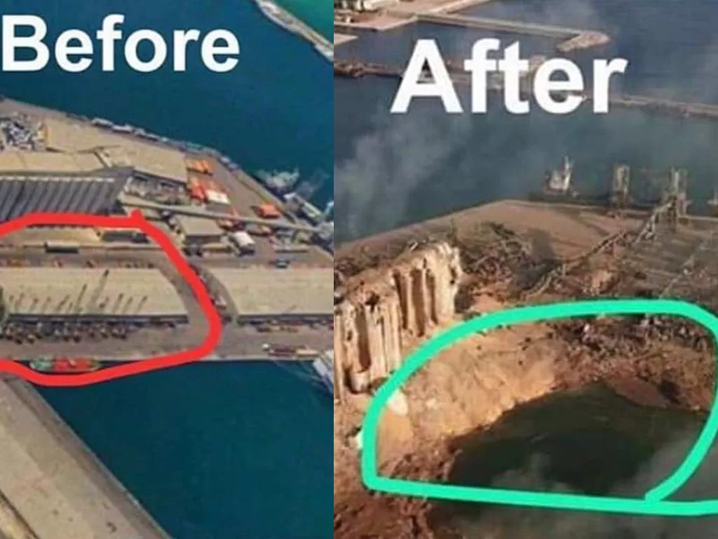 Perbandingan kondisi Kota Beirut, Lebanon, sebelum dan sesudah ledakan dahsyat. (Instagram/@infokomando)