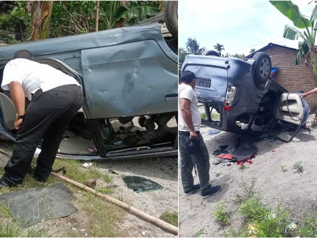 Kendaraan petugas BNN Kabupaten Deliserdang yang dirusak massa.