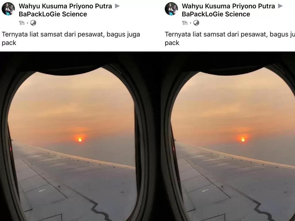 Seorang pria mengaku lihat samsat di atas pesawat. (Facebook/Wahyu Kusuma Priyono)