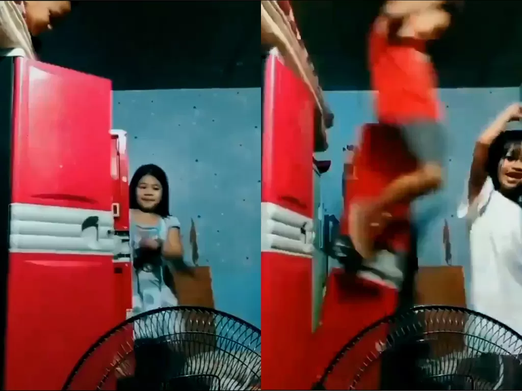 Potongan video saat tiga bocah sedang asyik joget Tik Tok, namun temannya malah terjatuh dari lemari (photo/Twitter/@SBKCF)