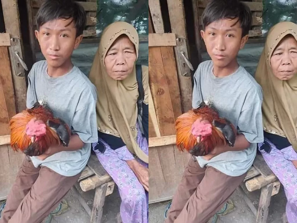 Deni Mulyadi (14 tahun) bersama ibunya, menggendong ayam jago kesayangannya. (Ist)