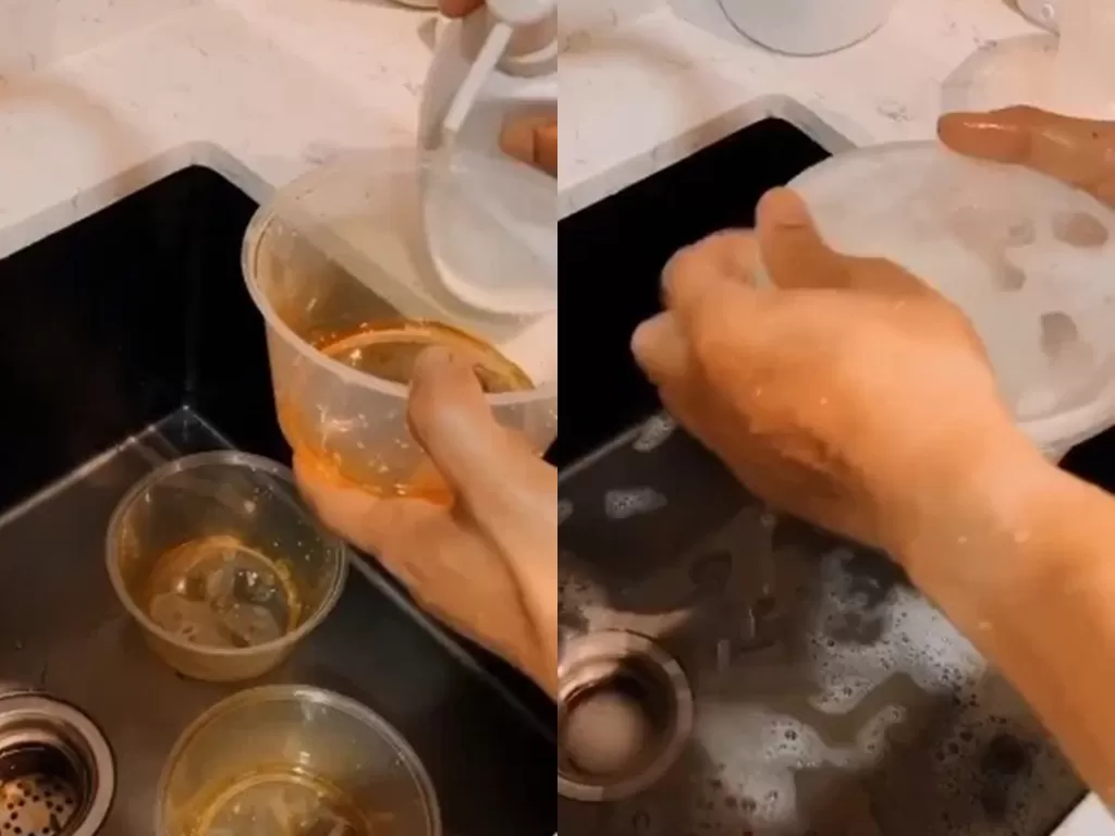 Potongan video tips mencuci wadah berminyak dengan mudah. (photo/Instagram/@_nzry)