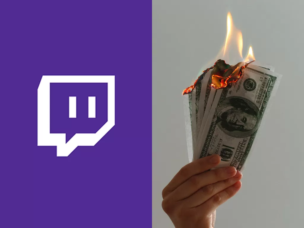 Logo Twitch dan ilustrasi membakar uang (photo/Twitch/Unsplash/JP Valery)