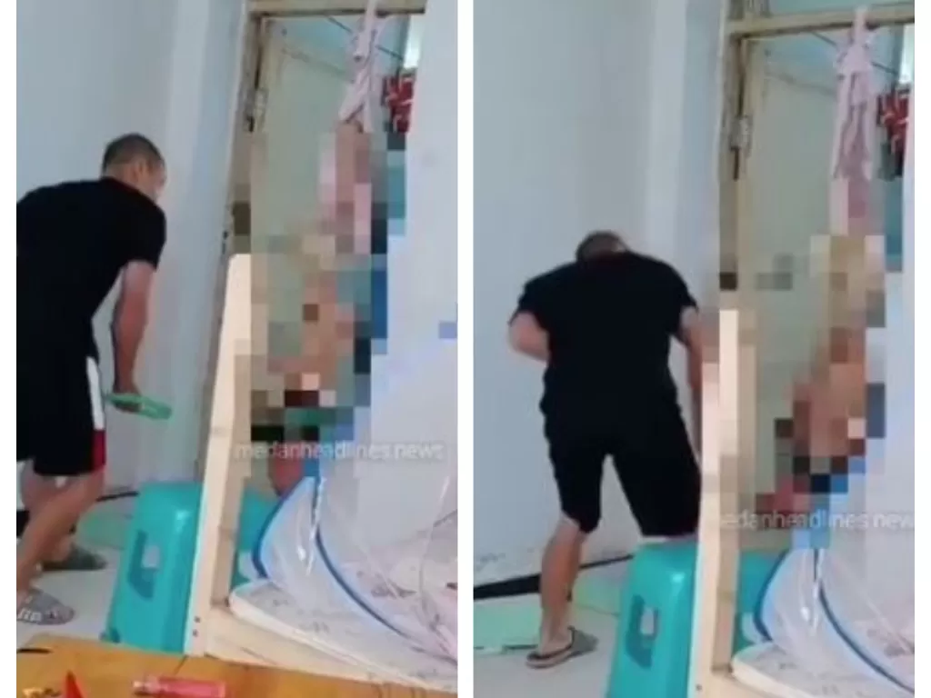 Pria ini gantung terbalik anaknya dan dipukuli pakai selang. (Instagram/@medanheadline.news)