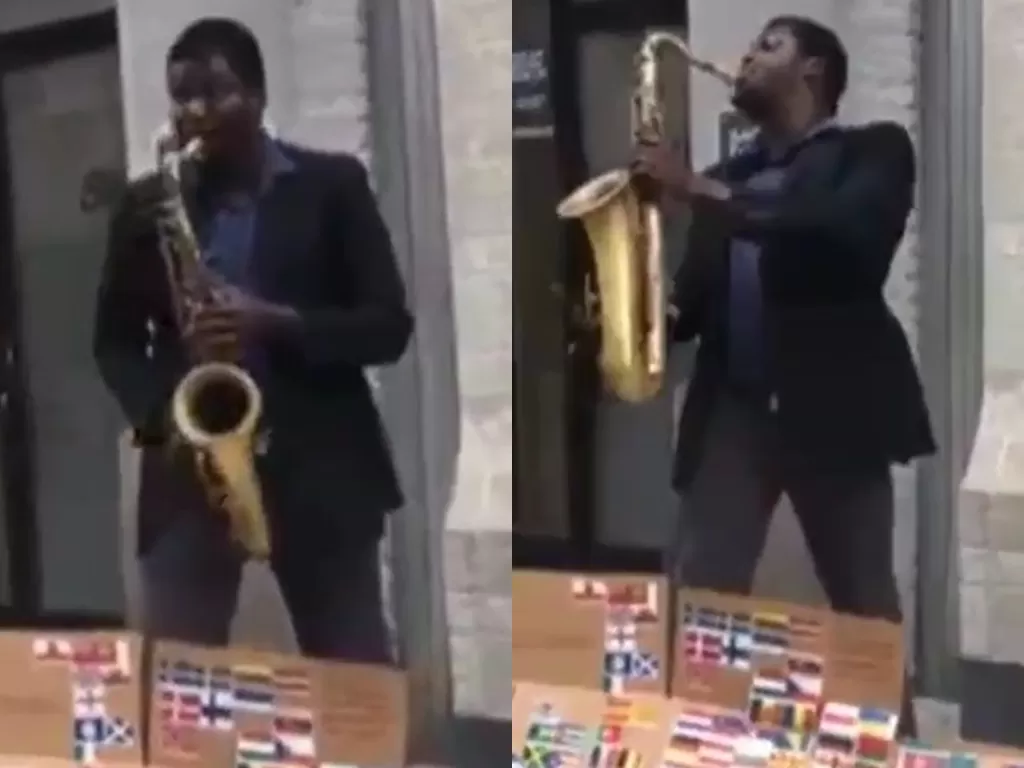 Pengamen di luar negeri membawakan lagu Indonesia Raya dengan saksofon. (Ist)