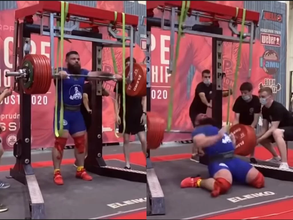 Seorang Atlet saat mencoba mengangkat beban yang berat, namun sesuatu yang tak diinginkan terjadi. (photo/Youtube/OMD Sports)