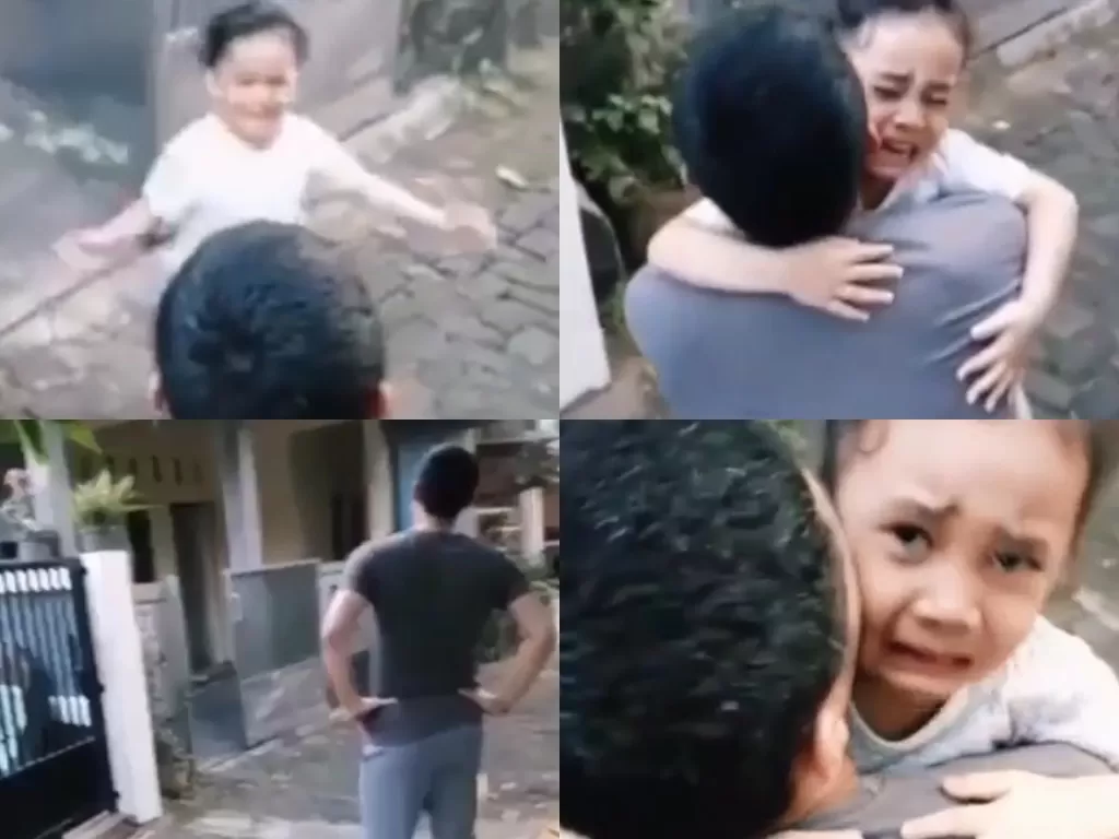 Cuplikan video seorang anak memeluk ayahnya yang jarang pulang ke rumah.