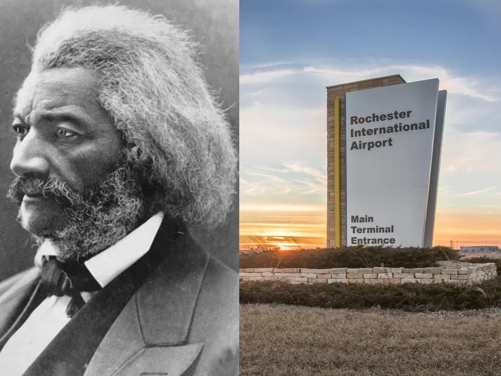 Frederick Douglass (kanan), Bandara Rochester New York (kiri). (USA Today/flyrst.com)