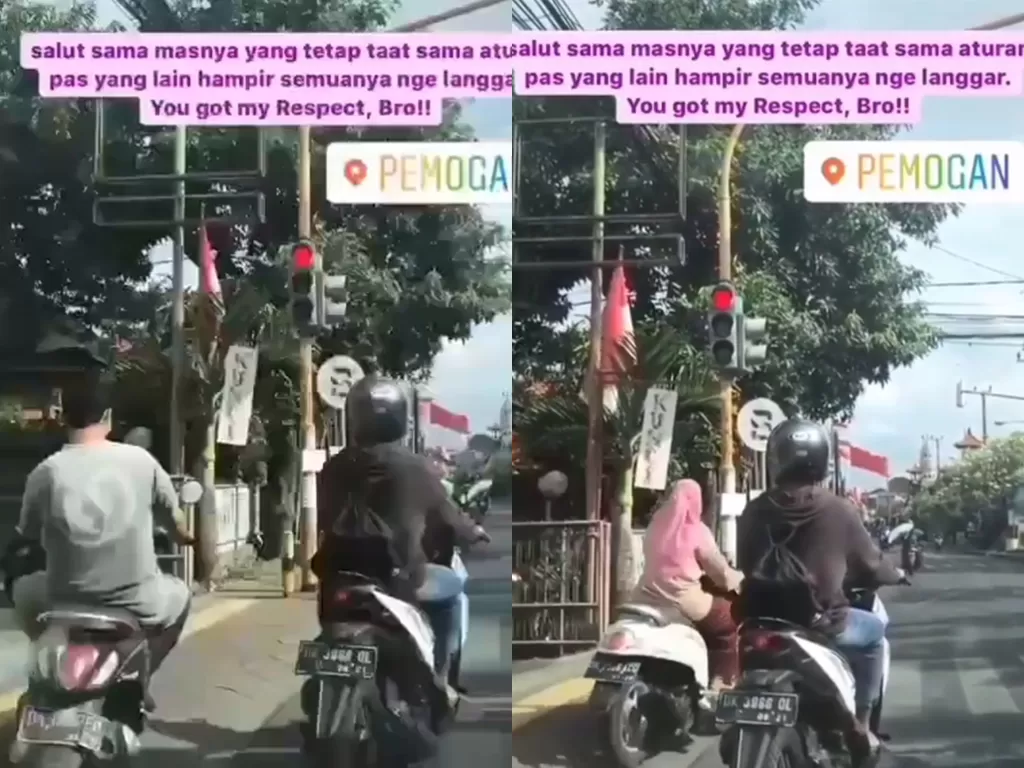 Potongan video, pemotor yang tetap patuh rambu lalu lintas meski pemotor lain nakal (photo/Instagram/denpasar.viral)
