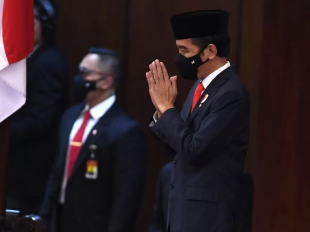 Presiden Joko Widodo di lokasi pembukaan masa persidangan I DPR tahun 2020-2021 di Kompleks Parlemen, Senayan, Jakarta. (ANTARA/Akbar Nugroho Gumay)
